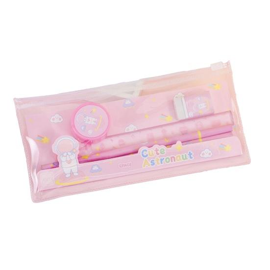 6Pcs/Set Kids Cartoon Stationery Set with 2 Pencils Eraser Sharpener Ruler Transparent Case Students School Supplies Classroom Prizes Gifts