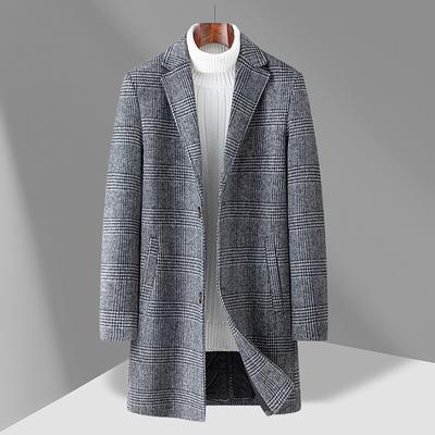 Pánsky britský stredne dlhý a dlhý kockovaný bavlnený zosilnený vlnený vlnený kabát bunda