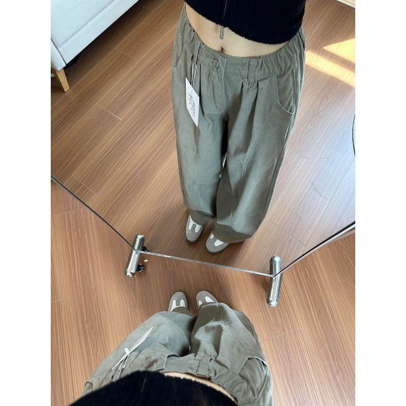 Khaki American-Style Straight-Leg Curved Pants for Women, Summer Thin Plus-Size Slimming Wide-Leg Casual Cargo Pants