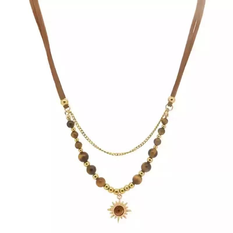 Vintage Light Luxury Maillard Brown Tiger Eye Sunflower Pendant Sweater Necklace For Women