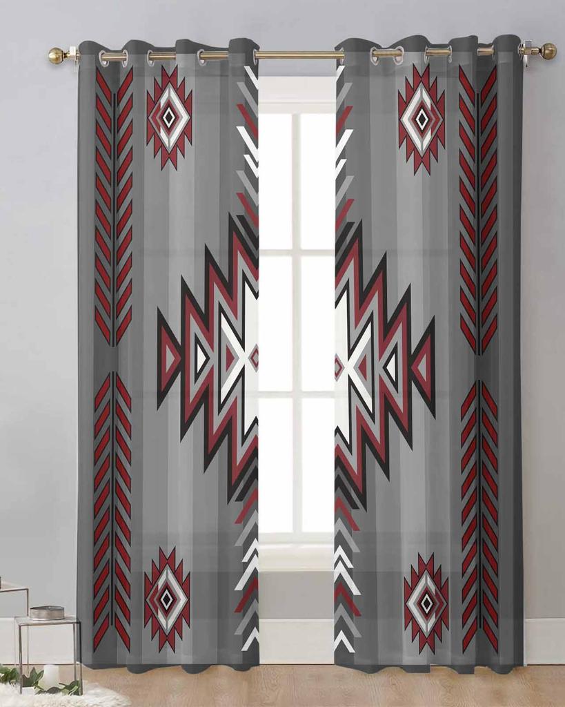 Böhmisch Aztekisch Ländlich Bauernhaus Schwarz Rot Grau Transparente Vorhänge für Wohnzimmerdeko Fenstervorhänge Küche Tüll Voile Vorhänge
