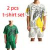 Summer Casual Angel Wing Printed Round Neck Short Sleeved T-Shirt And Shorts Set Men's and Women's T-shirt Shorts Set