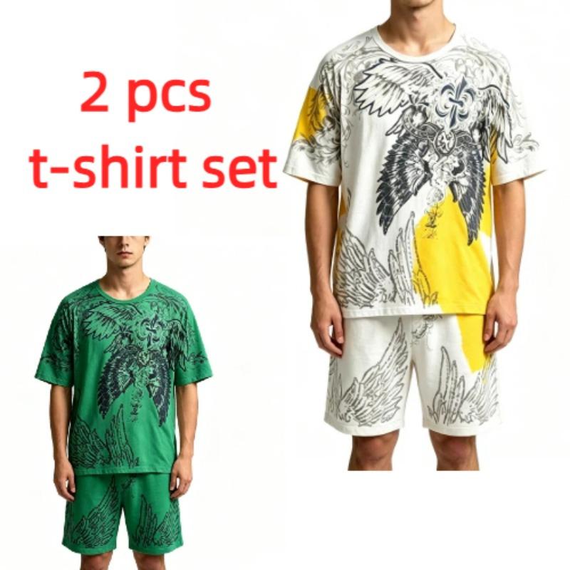 Summer Casual Angel Wing Printed Round Neck Short Sleeved T-Shirt And Shorts Set Men's and Women's T-shirt Shorts Set