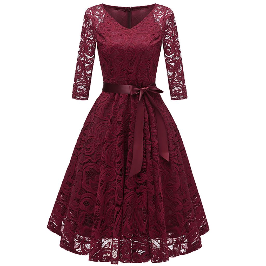 Dámská móda Vintage retro tenké večerní šaty s krajkovým výstřihem do V s dlouhým rukávem