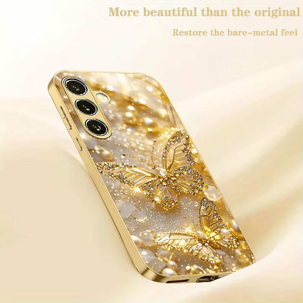 Butterfly Electric Gold Plated Glass Phone Case Suitable for Samsung GalaxyS26 S25 S24 S23 S22 S20FE/Ultra/Plus Anti Fingerprint