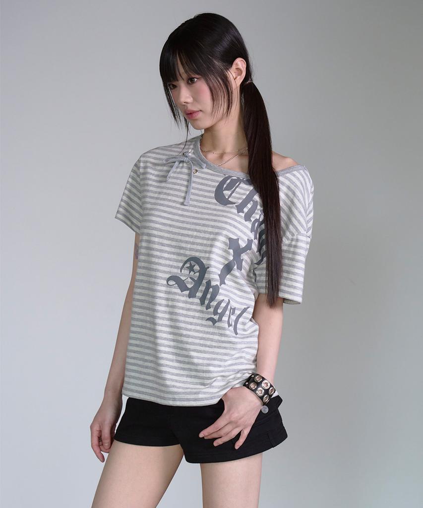 PRENDA Ribbon Tie Eyelet Striped Tee Ivory