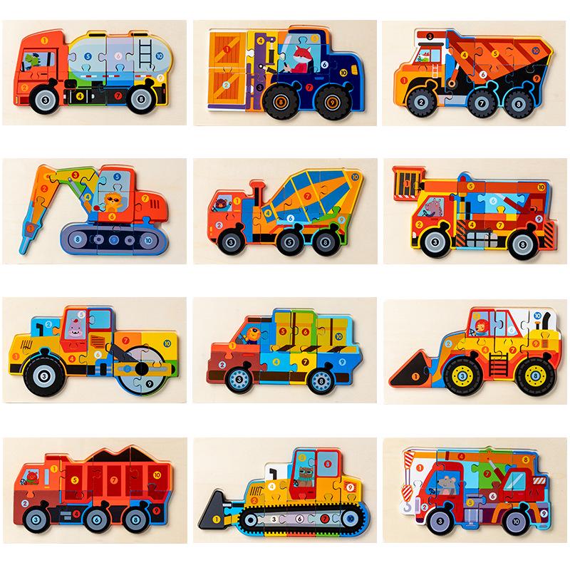 Kids' 3D Wooden Engineering Vehicle Puzzle & Matching Board Toy