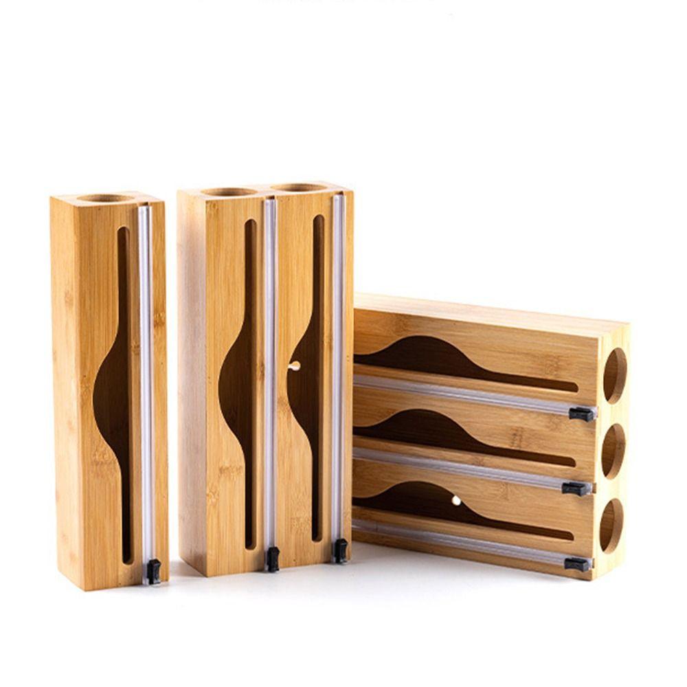 Bamboo Tin Foil Cutter 1/2/3 Compartment Fresh Bag Cutting Holder Kitchen Storage Accessories