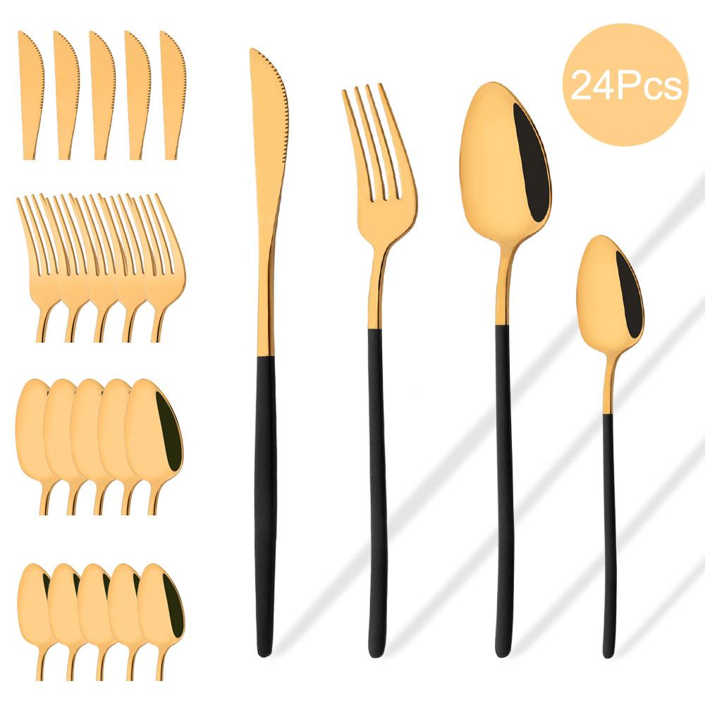 Zestaw sztućców Western 24-częściowy zestaw stołowy Naczynia ze stali nierdzewnej Czarny Srebrny Łyżka Widelec Nóż Zestaw obiadowy Sztućce domowe