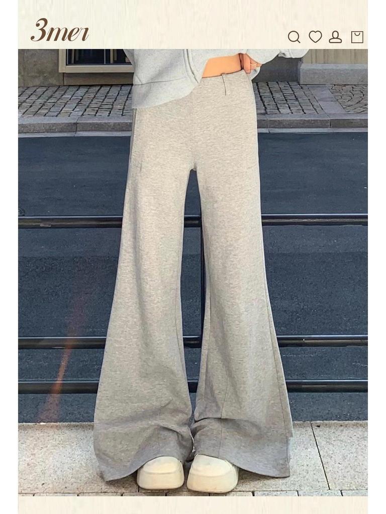 Women's Gray Micro-Flare Sweatpants: 2025 Autumn/Winter Korean Style, Wide Leg, Plus Velvet, Thickened Casual Pants.