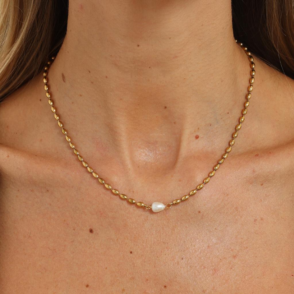 KunJoe Classic Stainless Steel 18K Gold Plated Beaded Necklace Women Simple Imitation Pearl Handmade Choker Wedding Jewelry Gift