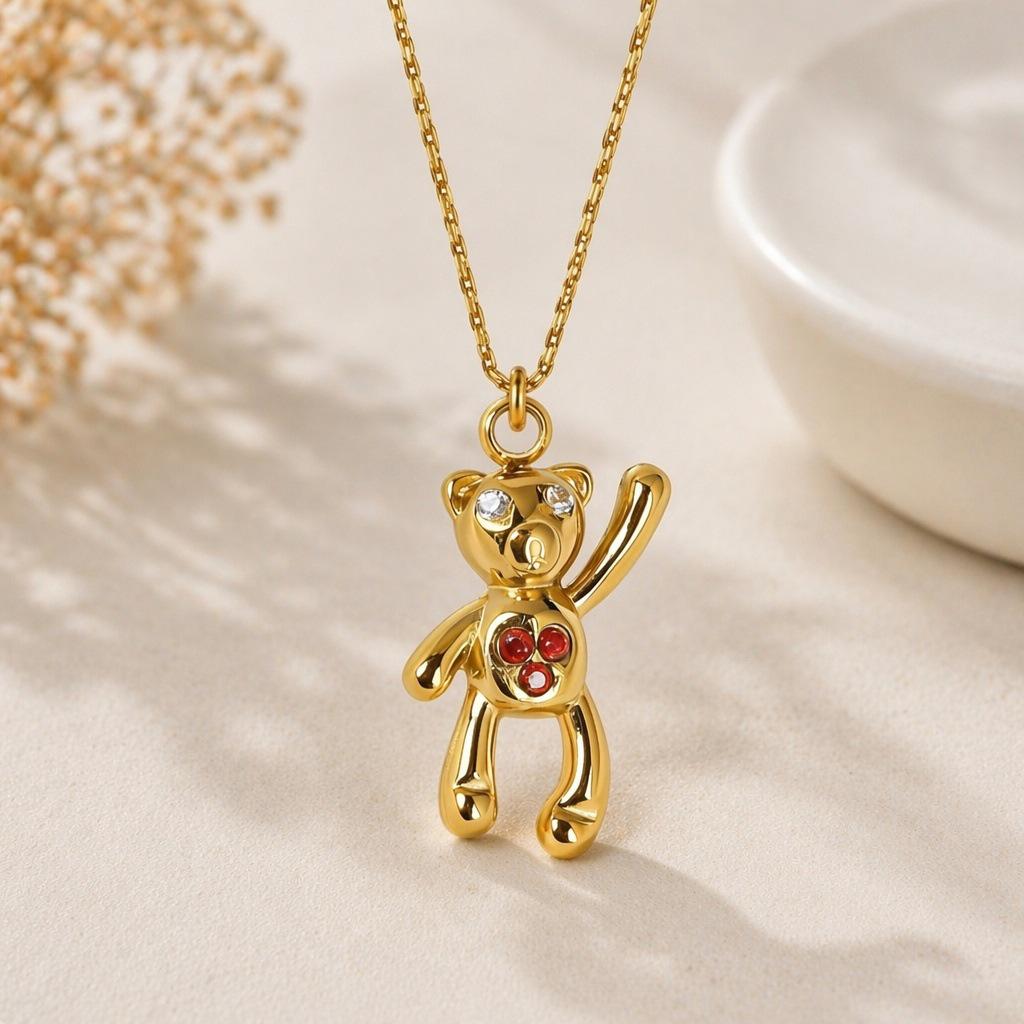 18K Gold Little Bear Necklace with 316 Stainless Steel Zircon Pendant
