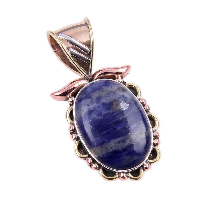 Natural Sodalite Gemstone 925 Solid Sterling Silver Two Tone Pendant 1.25'' a4P41