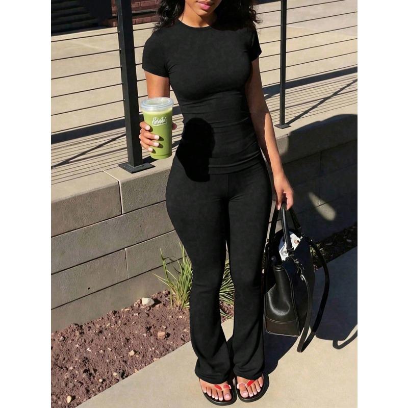 DICFY Women's Fashion Casual Summer Spring Short Sleeve O-Neck Pants Suits