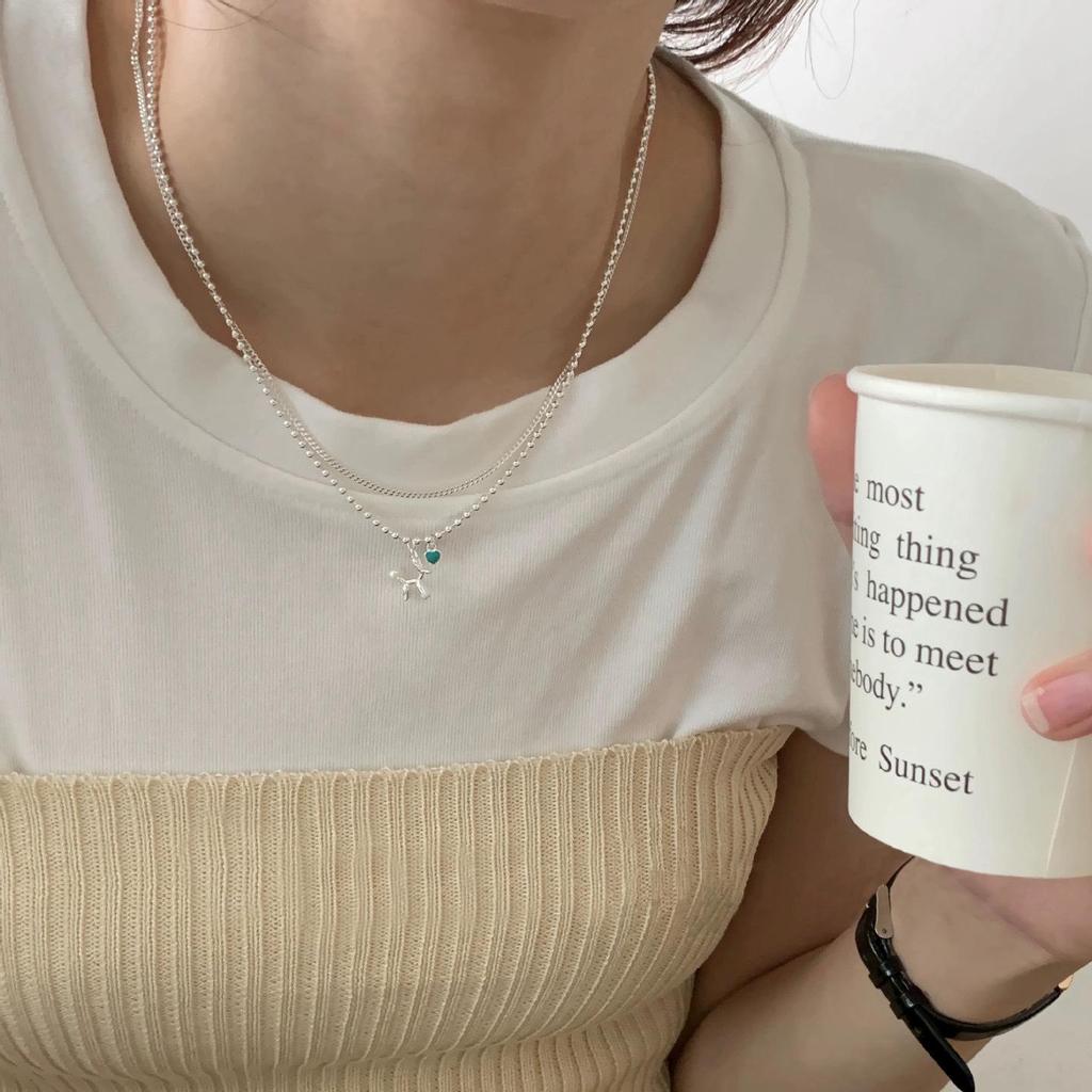 Halskette im koreanischen Stil aus S925 Sterlingsilber, doppellagig, mit Ballonhund und Epoxy-Herz - Minimalistisches Damen-Design
