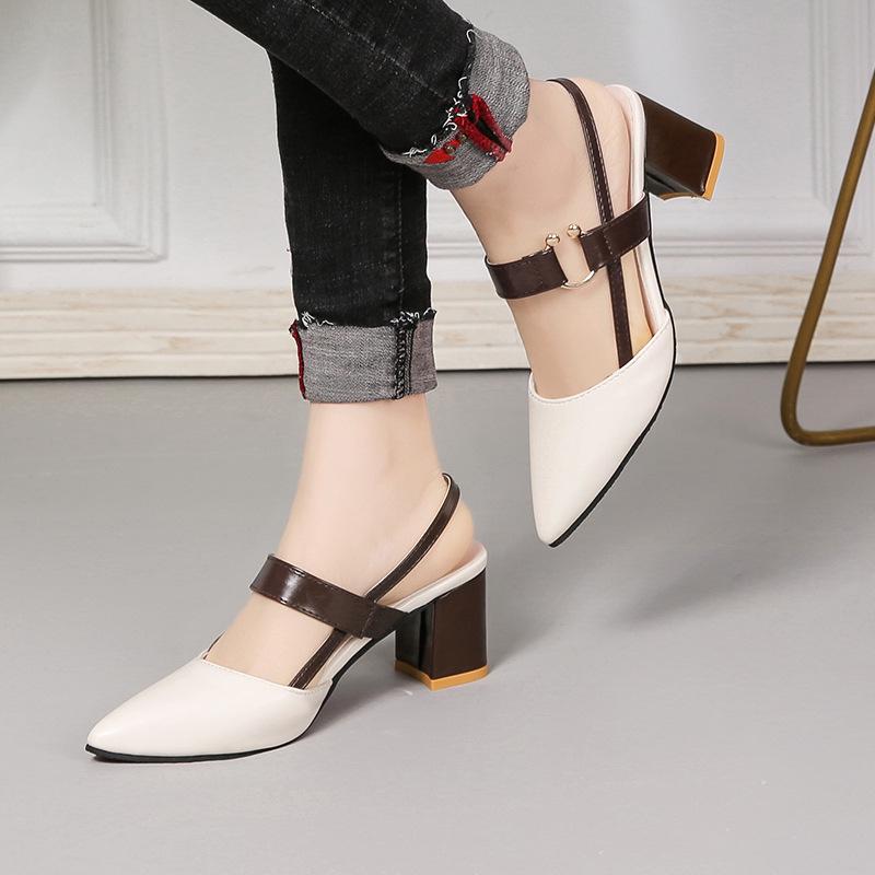 2024 Chunky Heel Hollow Sandals for Women, Slimming Pointed Toe Single Strap Buckle