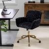 Fluffy Faux Rabbit Hair Vanity Chair, Black Adjustable Height 360 Degrees Swivel Home Office Chair with Armrest, Golden Metal Rolling Base,DE1831BK