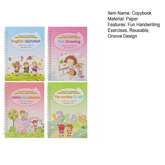 4Pcs/Set Grooved Copybook Handwriting Workbook Kit with Letters Numbers Tracing Reusable Math Drawing Practice Book for Kids