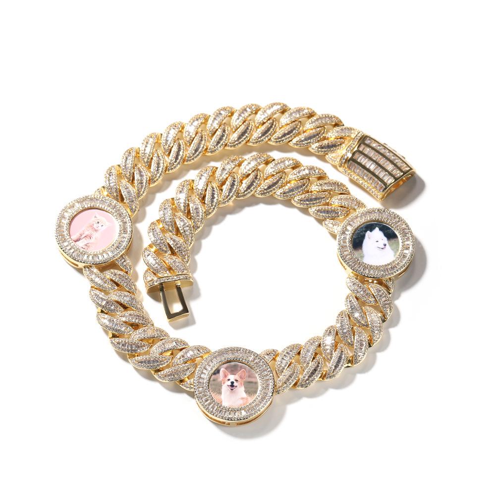 European American Hip Hop Round Photo Gold Rhinestone Cuban Chain Unisex Necklace 18 inch