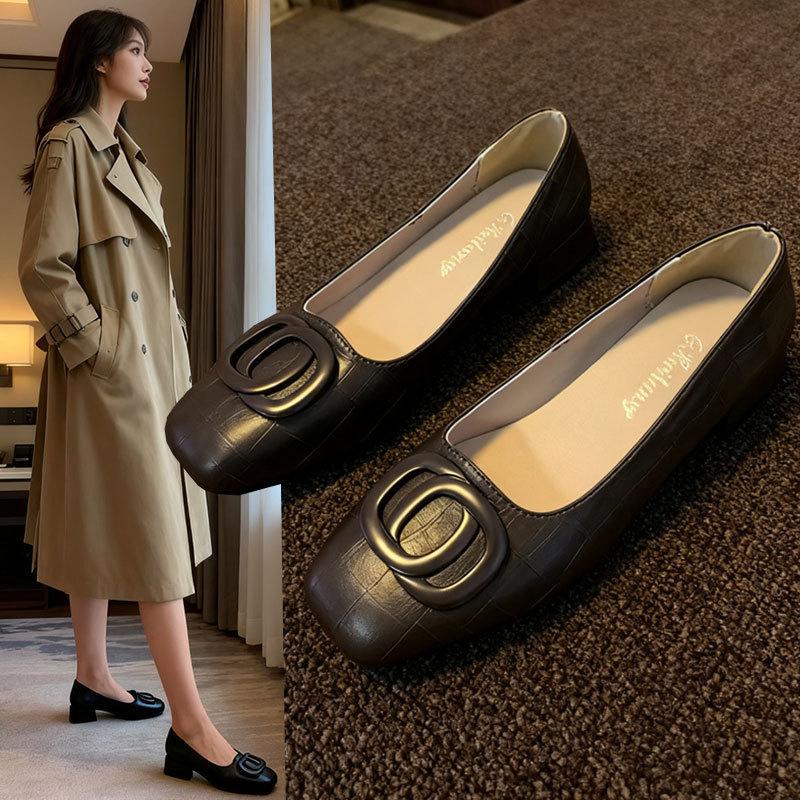 Fashion temperament single shoes women's spring and autumn new square head light mouth thick heel versatile shoes low heel small leather shoes