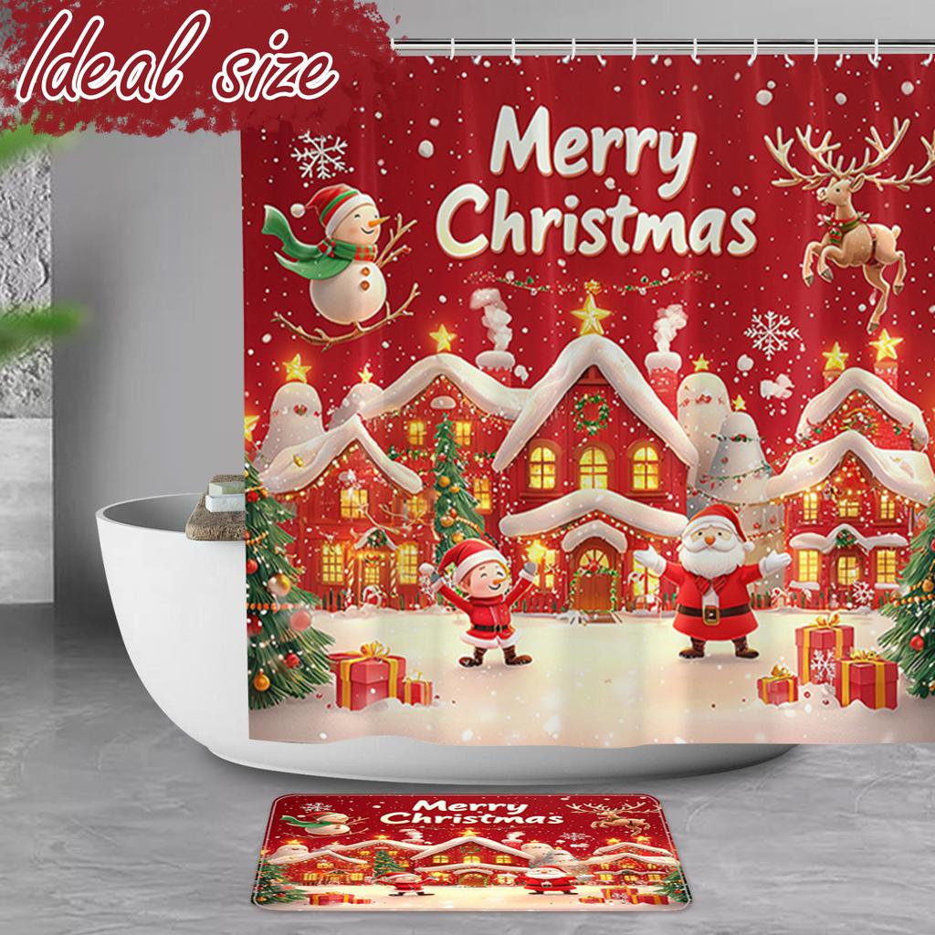 4dílná vánoční sada sprchového závěsu s předložkou, potahem na víko WC, koupelnovou předložkou, sada koupelnové dekorace, protiskluzová, festivalový dárek pro přátele
