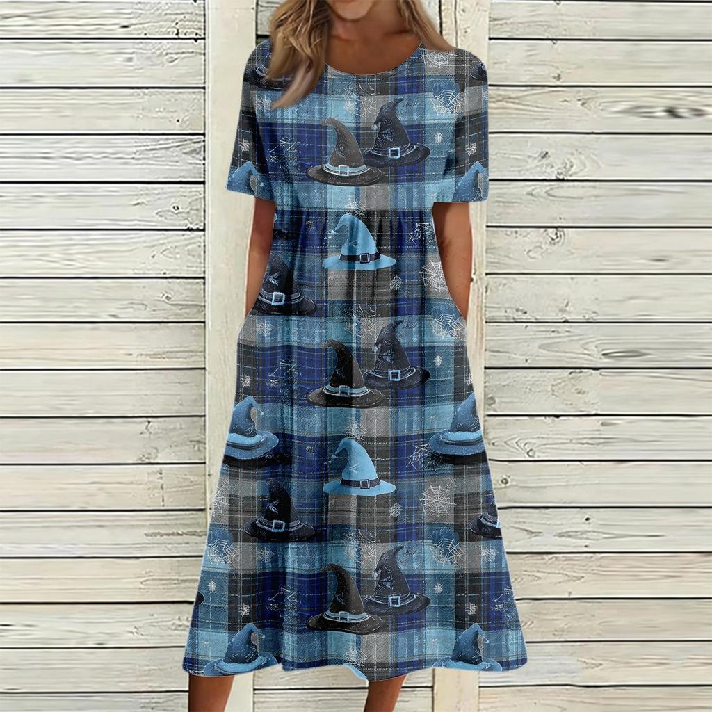 Women's Halloween Print Casual Fashion Round Neck Pocket Midi Dress Comfortable Loose Fit Short Sleeve Dress for Everyday Wear