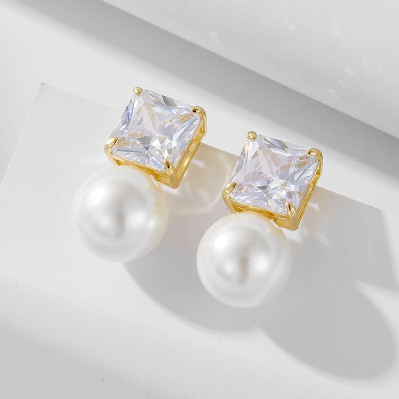 Geometric Square Zircon Pearl Stud Earrings Women Sterling Minimalist Fashion Jewelry 925 Sterling Silver
