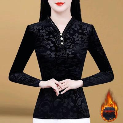 Camiseta Inferior para Mujer Nueva Invierno Negro Camiseta Fina Temperamento Manga Larga Cálida por Dentro con Talla Grande Camiseta Top