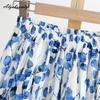 Korean Style Summer Autumn Women Midi Skirt High Waist Blue Floral Print Vintage Skirt Cotton Linen Retro A-Line Soft Skirt