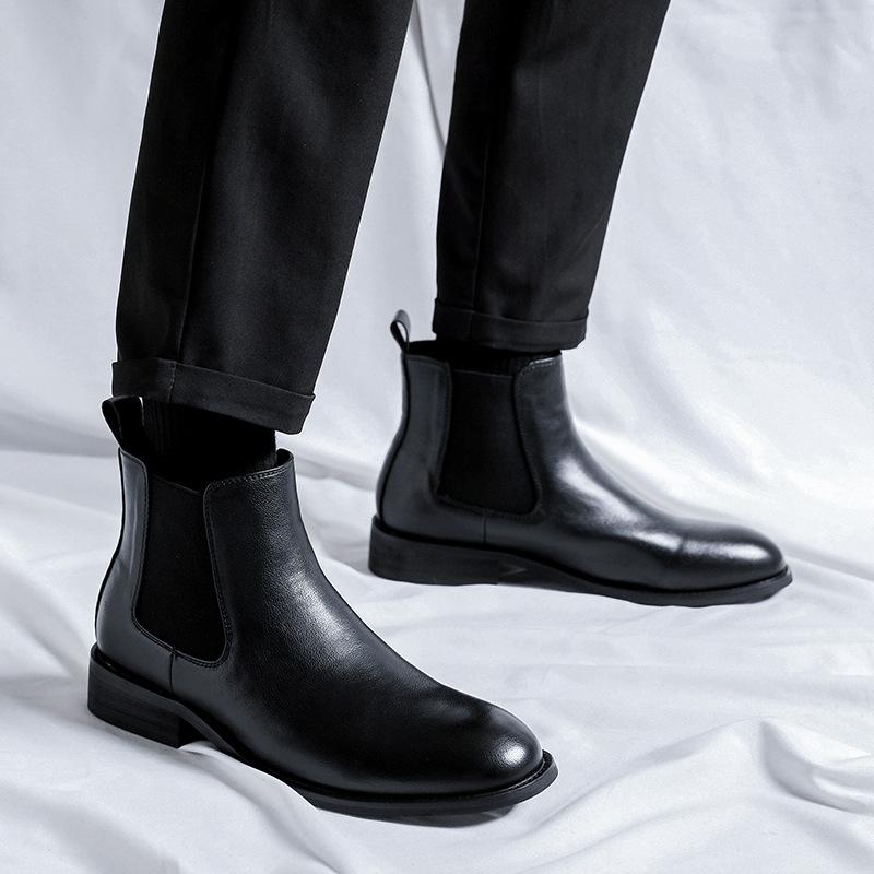 Men's Casual Chelsea Boots Black Brown Genuine Leather Shoes Business Office Dresses Cowboy Ankle Boot Pointed Toe Short Botas