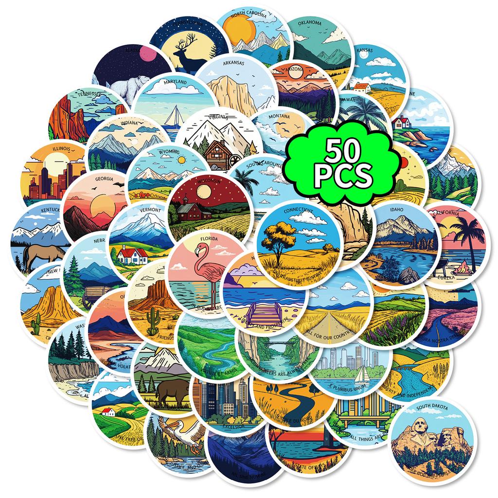 New 50 Pictures of Mainland Landscape Aesthetic Cartoon Graffiti Round Stickers Creative DIY Suitcase Mobile Phone Stickers