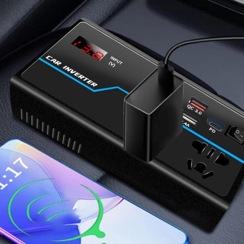 Portable Car Inverter Converts 12V/24V  to 110V/220V  with Voltages Display Compact Vehicle Inverter Simple Operate