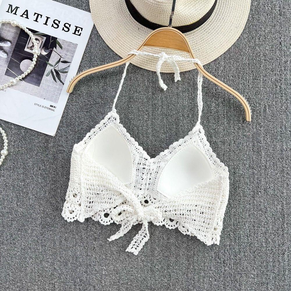 Tassel Crop Tops Retro Wild Hollow Perspective Sexy Spaghetti Strap Tanke Top Women Built In Bra New Back Lace Halter Neck
