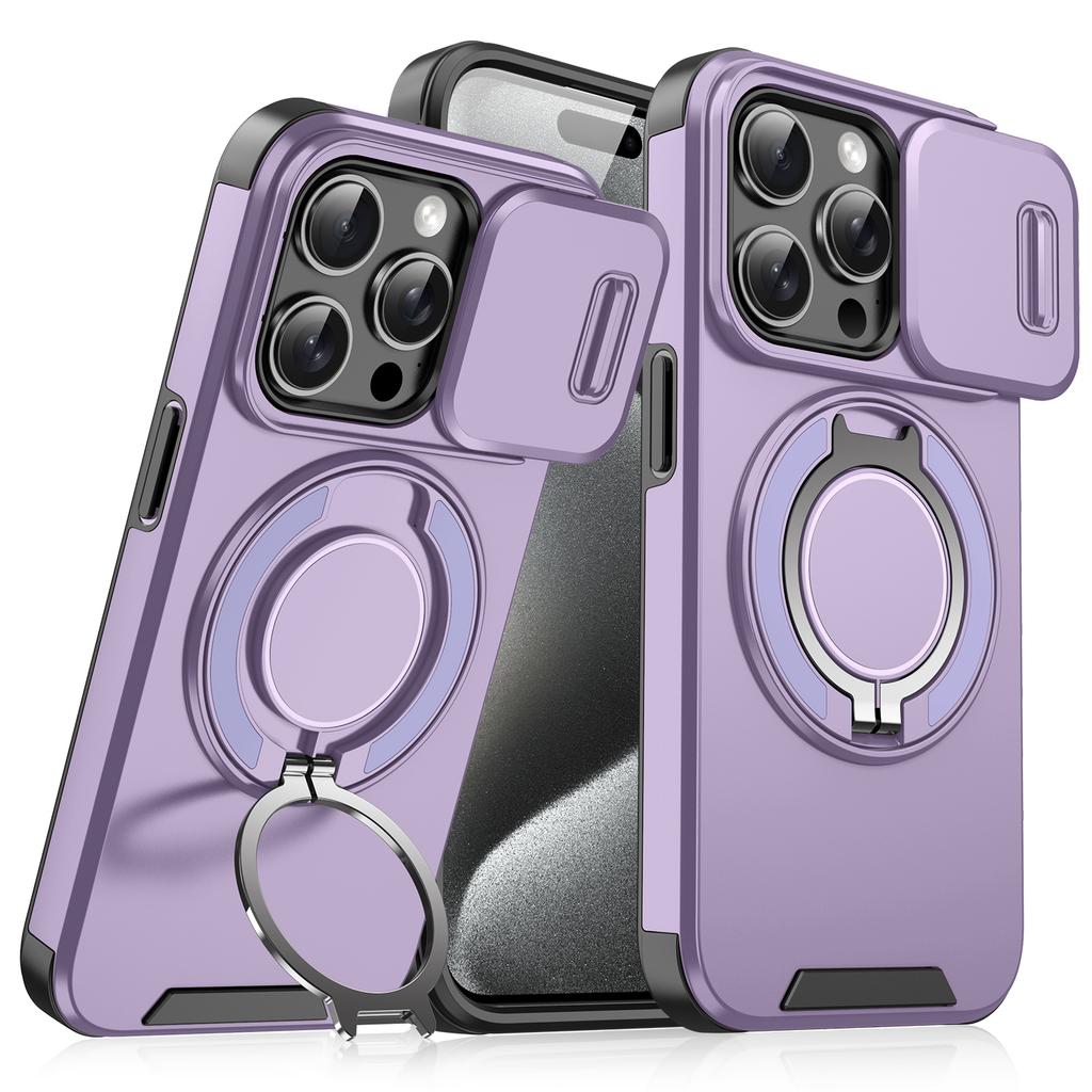 For iPhone 15 Pro Magnetic Phone Case Slide Lens Protection Ring Kickstand TPU+PC Cover