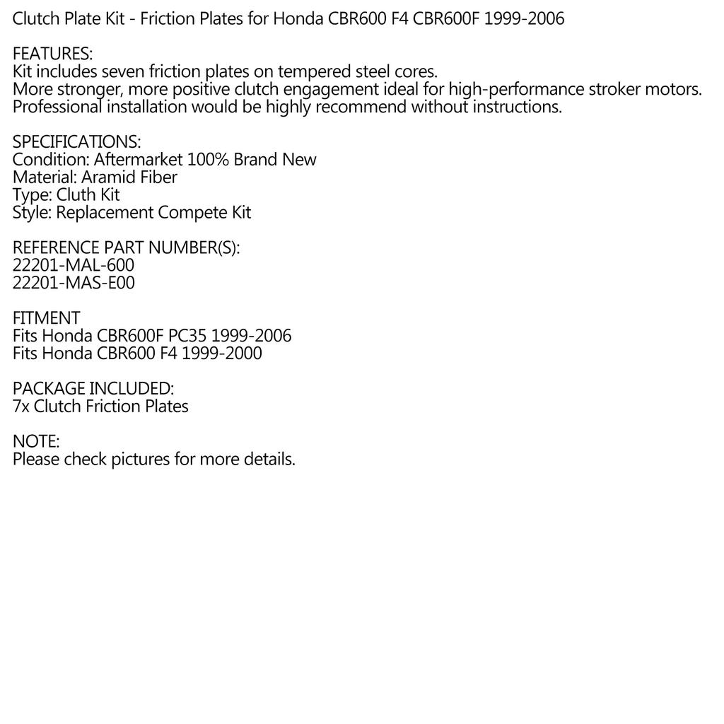 Clutch Friction Plate Kit Set For Honda CBR600 F4 CBR600F 1999-2006