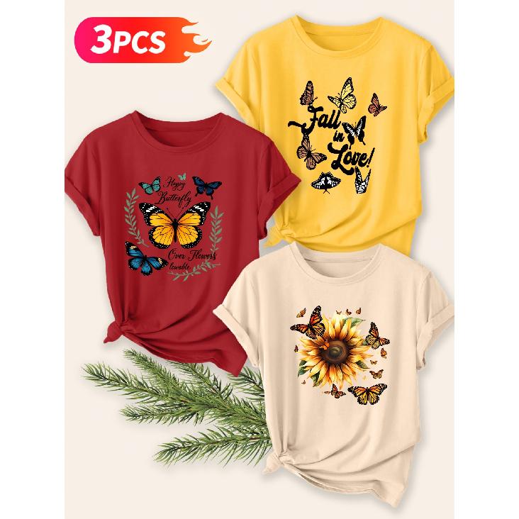 Three-piece Set Elegant Short-sleeved Shirt for Women Butterfly and Sunflower Print Round Neck Women's T Shirt Suitable for Spring