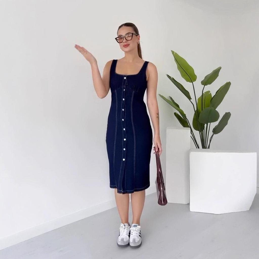 2025 Summer Elegant Square Neck Sleeveless Slit Denim Dress