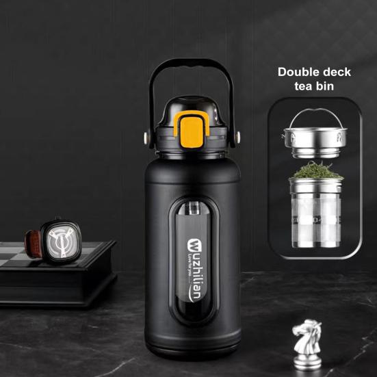 2000ML Glass Drinking Bottle with Straw Handle Stainless Steel Tea Infuser And Silicone Sleeve Leak-Proof Motivational Water Bottle for Daily Intake