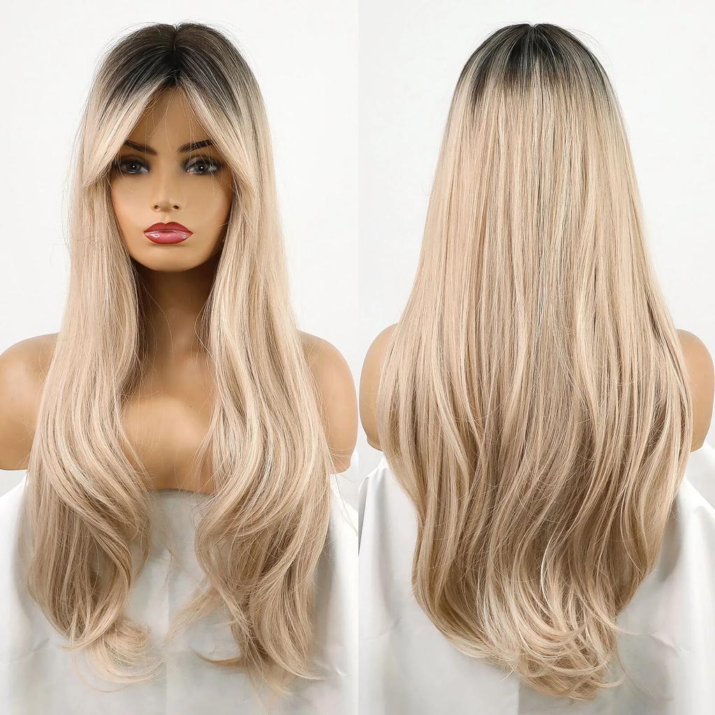 Long Wave Synthetic Wigs Ombre Black Blonde Wig with Side Bangs Heat Resistant Fiber Daily Party Hair Cosplay Wigs for Women