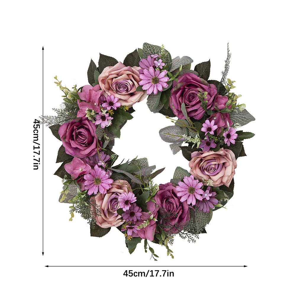 Artificial Rose Flower Wreath 17.7 Inch Spring Summer Floral Wreath for Front Door Wall Window Party Wedding Decor