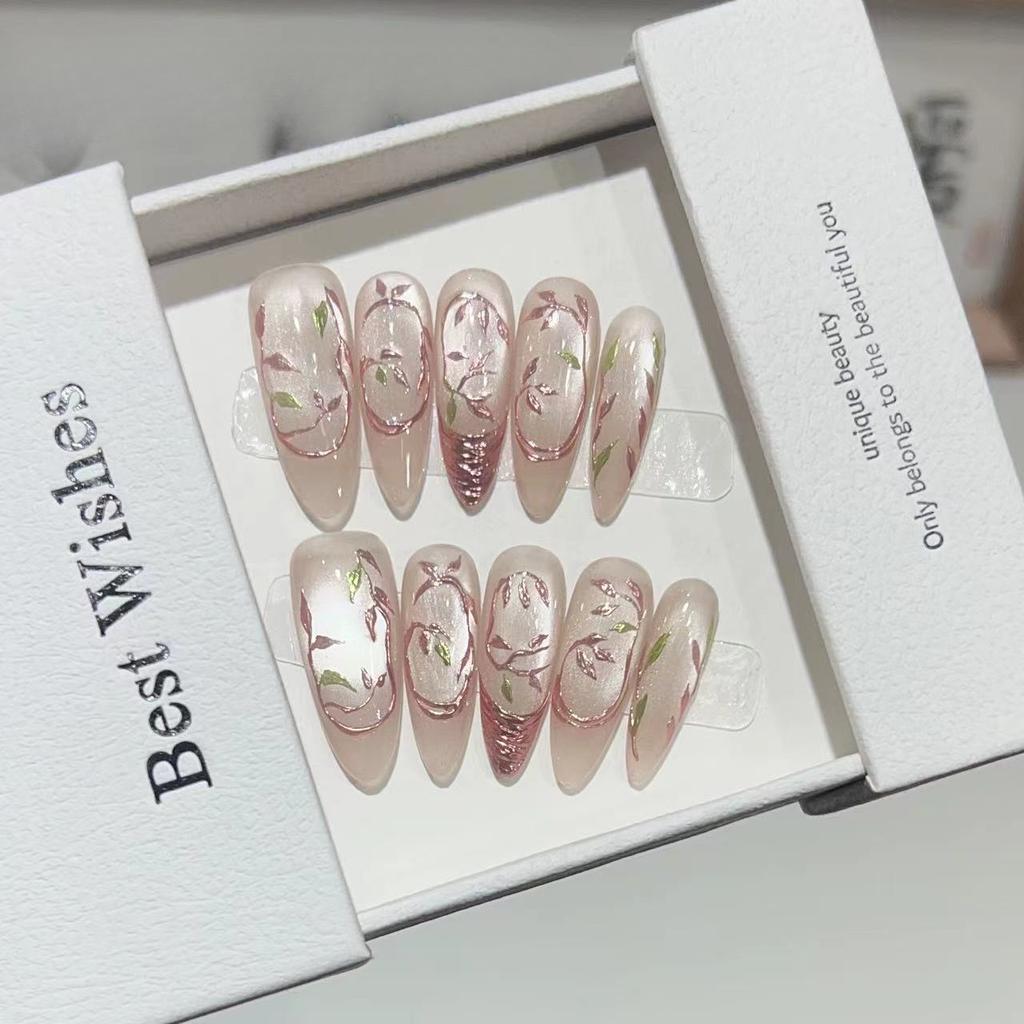 High-end Sense of Wearable Armor Handmade Nude Color Highlight Cat Eye Nail Art French Magic Mirror Fake Nails