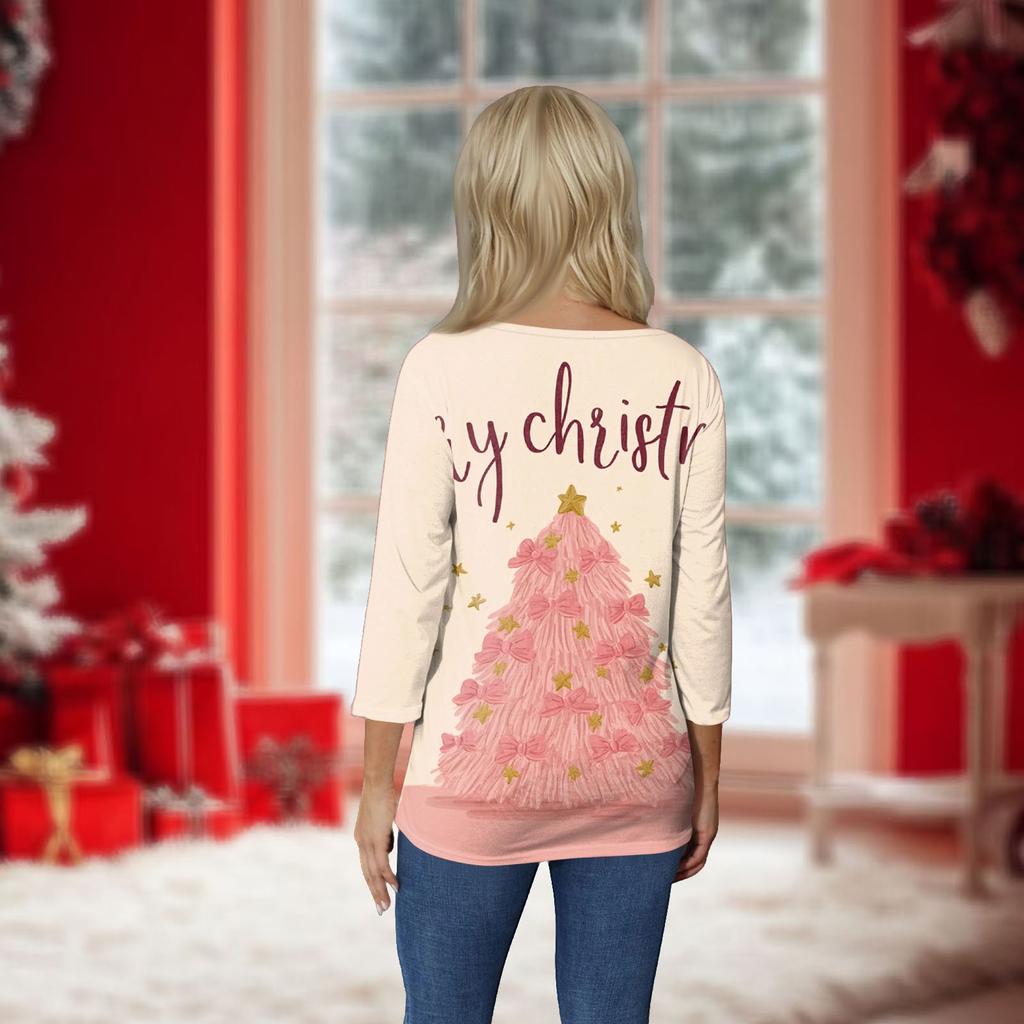 Women's O-Neck 3/4 Sleeve Christmas Print Top