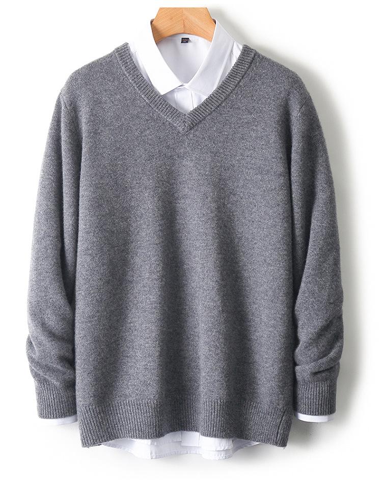 Men's 100% Wool V-Neck Sweater - Solid Color, Loose Fit, Long Sleeve Knitwear