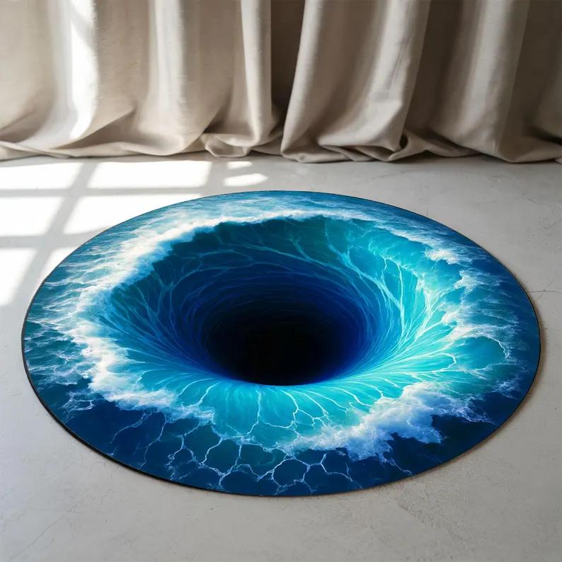 3D Rug Ocean Vortex Rug Deep Sea Hole Carpet Whirlpool Illusion Mat Round Depth Rug Optical Floor Art Sea Abyss Rug Blue Swirl