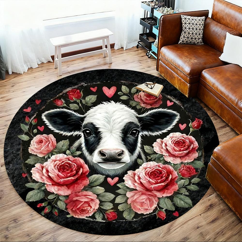 1pc Cow Roses Round Chair mat Area Rug - Non-Slip, Floor Mat for Office, Bedroom, home decor Christmas Gift-1002338
