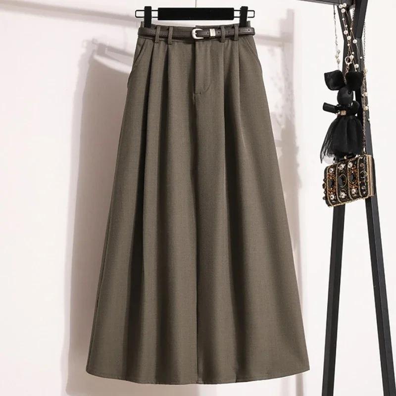 Koreanischer Anzug mit hoher Taille, Faltenrock, Übergrößenröcke für Damen, Frühling, Elegant, Einfarbig, Wickel-Schirmröcke für Damen