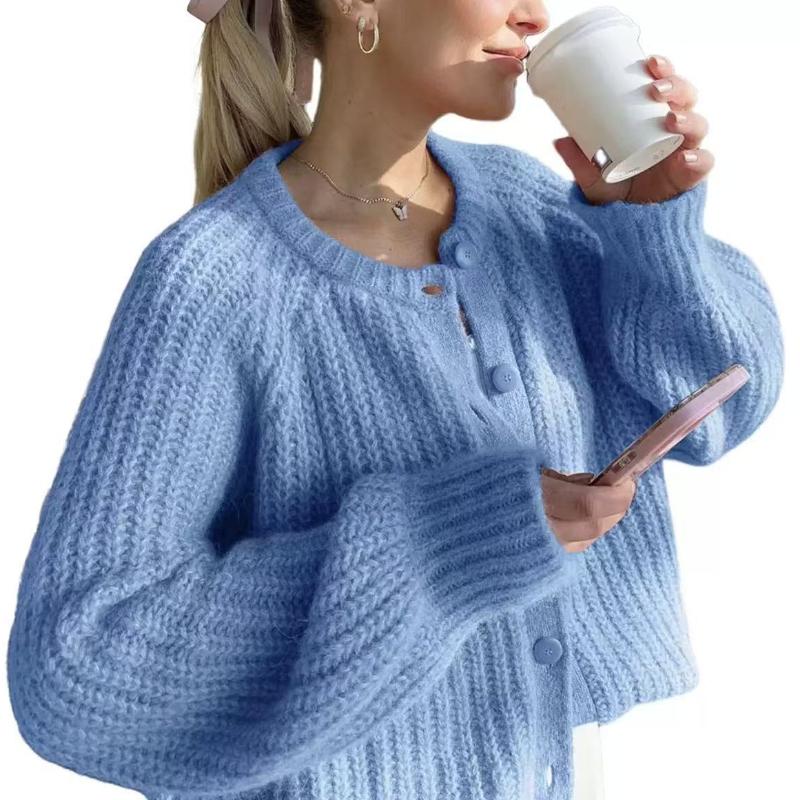 Women's Solid Color Round Neck Loose Simple Knitted Cardigan Top Long-Sleeved Sweater