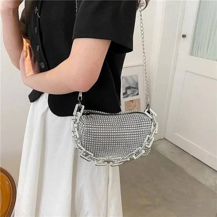 WTEMPO Simple Elegant Casual Rhinestone Silver Black Underarm Bag Women Versatile Party Club Single Shoulder Crossbody Bags Handbags