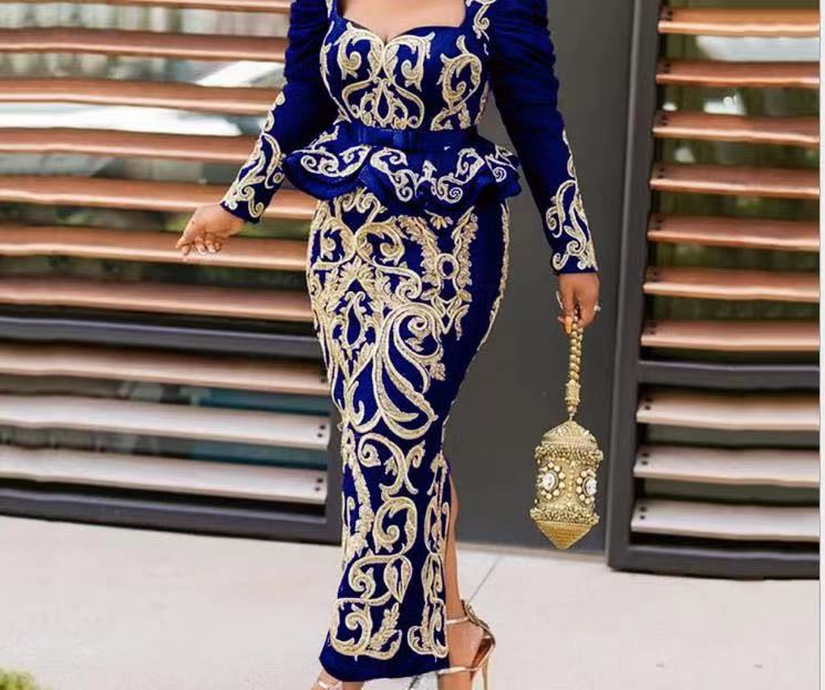 2026 temperament high-grade printing split-ended long-sleeved high-waisted dress European and American new bohemian skirt M темно-синий