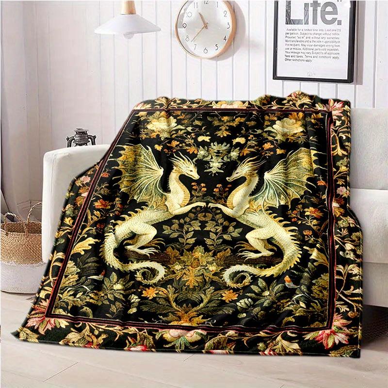 Dragon Flannel Blanket, Polyester Knitted Digital Print Mythical Winged Dragons & Flowers, Soft Warm for Sofa & Bed
